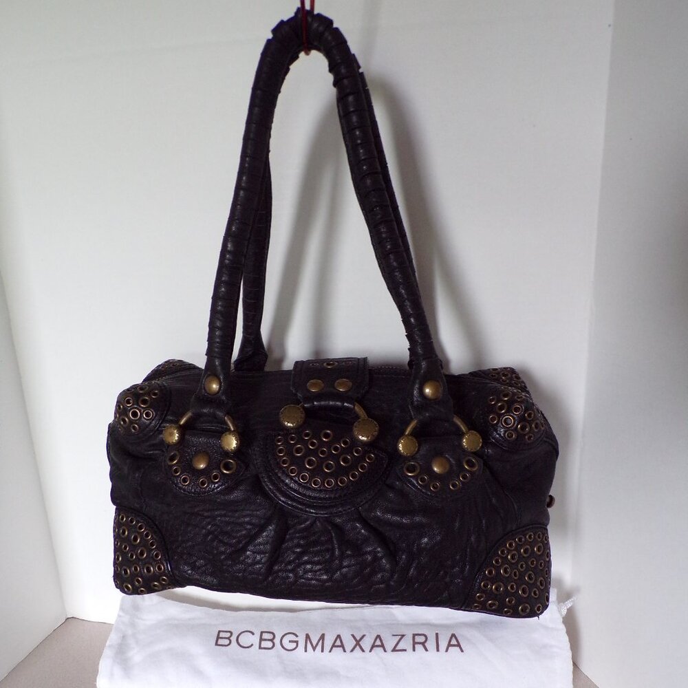 BCBGMazAzria Black Textured Handbag with Brass Rivets and Hardware